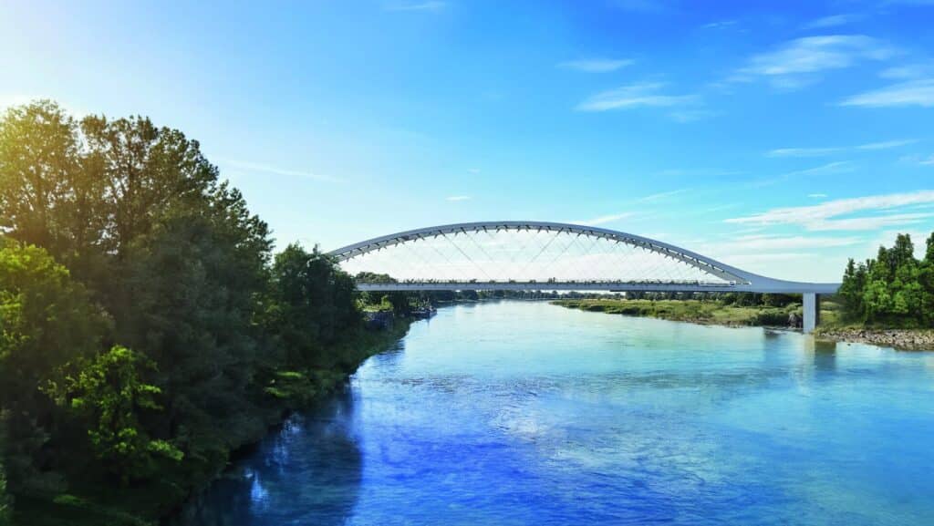 Network arch bridge over the Oder with 88 lightweight carbon fiber hangers