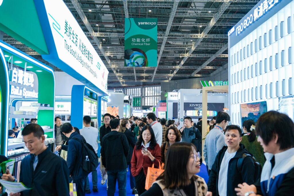 Visitors in the exhibition hall at Yarn Expo Spring in Shanghai